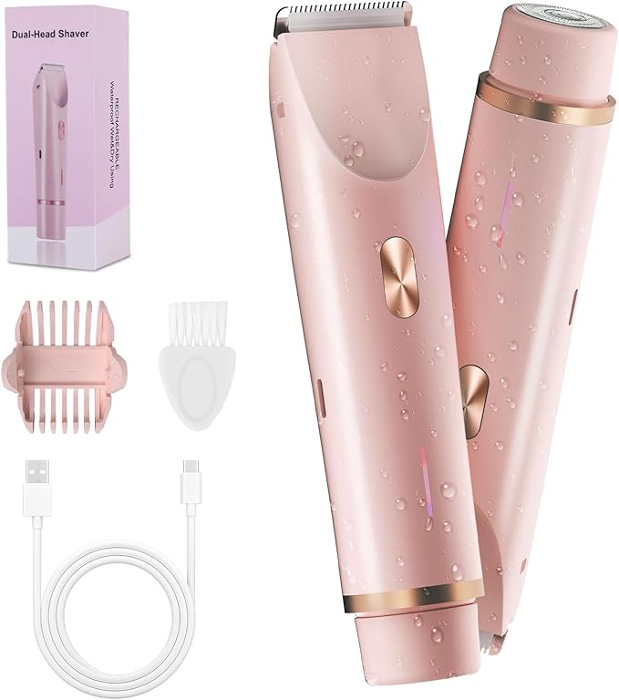 2-in-1 Bikini Trimmer for Women, Bikini Shaver with Dual Heads, Body and Facial Hair Removal, Rechargeable Cordless Electric Razors