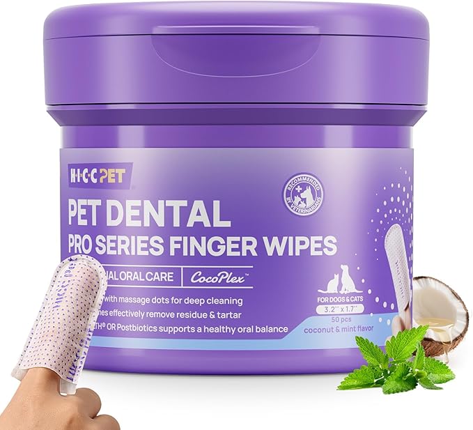 HICC Pet Teeth Cleaning Wipes for Dogs & Cats, Vet-Recommended Remove Bad Breath & Plaque & Tartar Buildup Dog Finger Toothbrush Wipes, Dog Tooth Brushing Kit Remove Stain & Gum Care for Small Animal