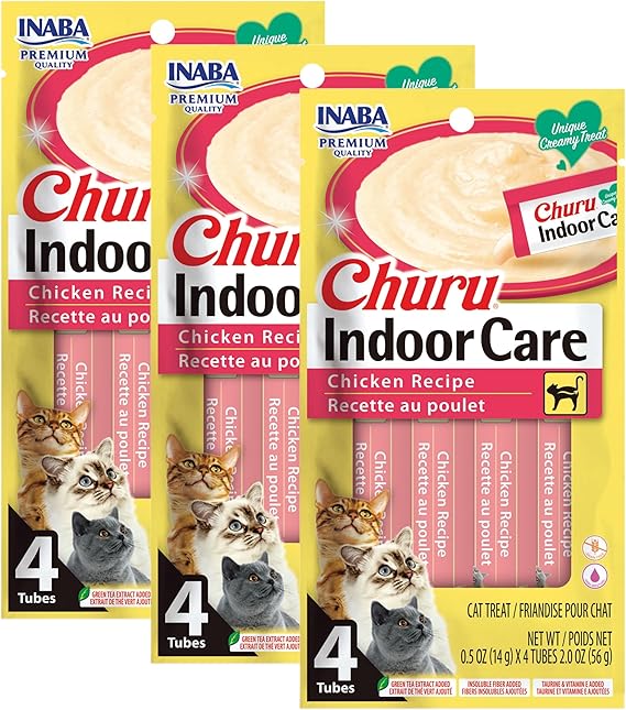 INABA Churu for Cats, Functional, Creamy Lickable Purée Cat Treat for Indoor Care and Hairball Control, 0.5 Ounces Each, 24 Tubes (4 per Pack), 2 Flavor Tuna and Chicken Variety Pack