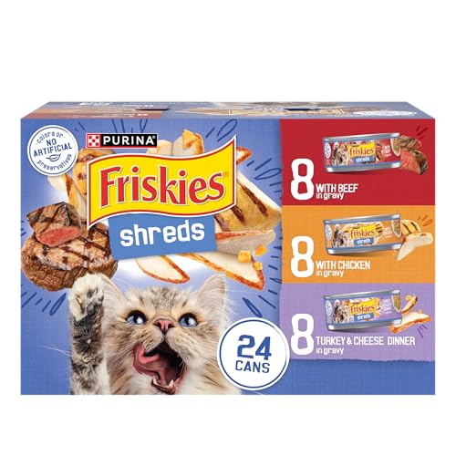Purina Friskies Gravy Wet Cat Food Variety Pack, Shreds With Beef, With Chicken, and Turkey and Cheese Dinner – (Pack of 24) 5.5 oz. Cans