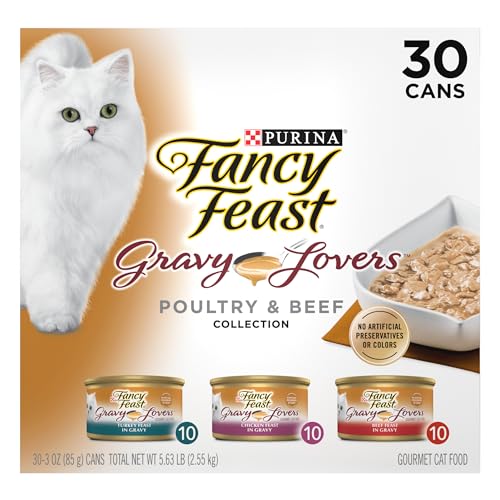 Purina Fancy Feast Gravy Lovers Poultry and Beef Grilled Gourmet Wet Cat Food Variety Pack – (Pack of 30) 3 oz. Cans