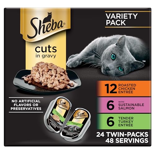 Sheba Perfect Portions Wet Cat Food Cuts in Gravy Variety Pack, Roasted Chicken Entree, with Sustainable Salmon, and Tender Turkey Entree, 2.6 oz. Twin-Pack Trays (24 Count, 48 Servings)