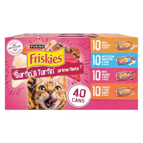 Purina Friskies Gravy Wet Cat Food Variety Pack, Surfin’ and Turfin’ Prime Filets Favorites – (Pack of 40) 5.5 oz. Cans