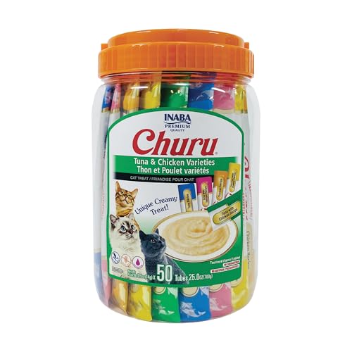 INABA Churu Cat Treats, Grain-Free, Lickable, Squeezable Creamy Purée Cat Treat/Topper with Vitamin E & Taurine, 0.5 Ounces Each Tube, 50 Tubes, Tuna & Chicken Variety