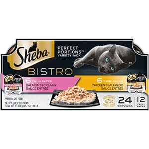 Sheba Perfect PORTIONS Bistro Wet Cat Food Trays (12 Count, 24 Servings), Chicken in Alfredo Sauce and Salmon in Creamy Sauce Entrée, Easy Peel Twin-Pack Trays