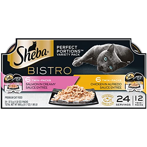 Sheba Perfect PORTIONS Bistro Wet Cat Food Trays (12 Count, 24 Servings), Chicken in Alfredo Sauce and Salmon in Creamy Sauce Entrée, Easy Peel Twin-Pack Trays
