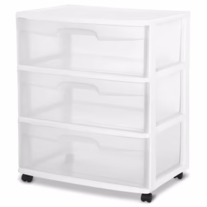 Plastic Storage Drawer Cart, Medium Home Organization Storage Container with 3 Large Drawers w/Removeable Wheels, Set of 1 (White)
