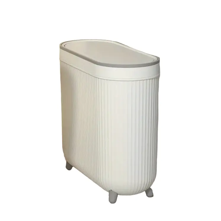 Compact Toilet Trash Can with Quiet Close Lid – White Gray Plastic, Space-Saving Design