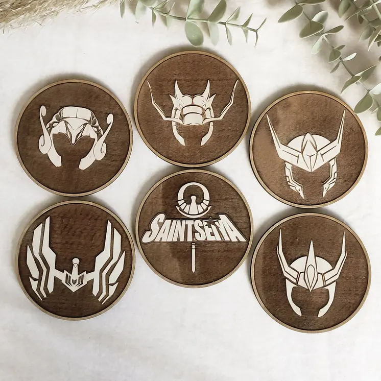 Set of 6 Saint Seiya Wooden Coasters – Handmade Gift – Housewarming – Wood Kitchenware