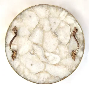 White Agate Serving Tray With Brass Handles Circular